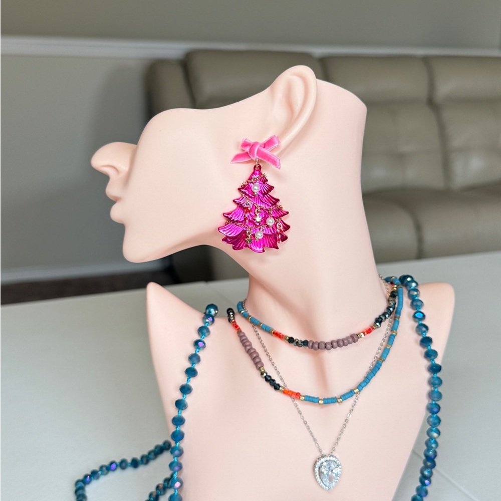 Pink Ribbon Tree Drop Earrings - Picture 3 of 13
